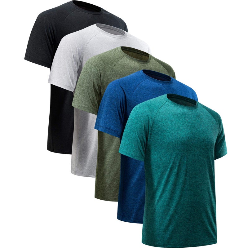 MCPORO Workout Shirts for Men Short Sleeve Quick Dry Athletic Gym Active T Shirt Moisture Wicking 5 Pack Black, Dark Blue, Army Green, Light Grey, Hydro Teal 3X-Large - Image 1